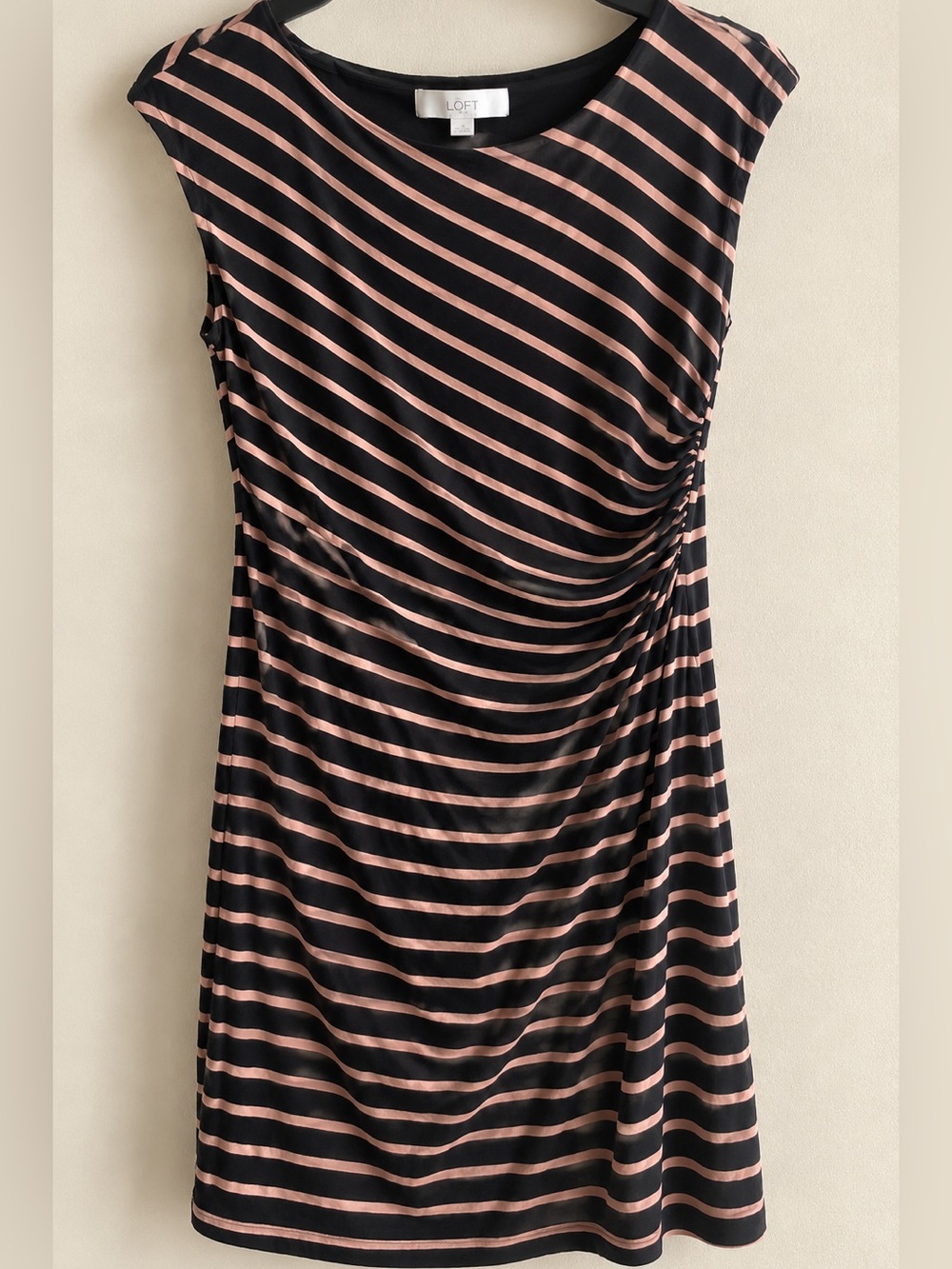LOFT Black & Blush Striped Ruched Sheath Dress